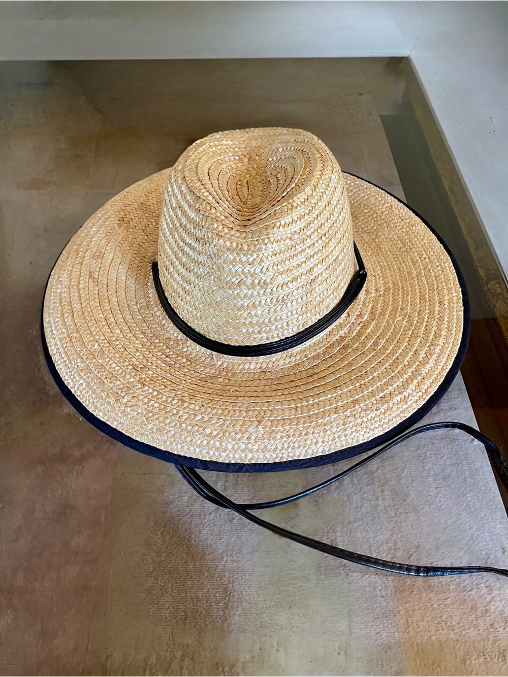 Natural Straw Wide-Brim Hat with Black Trim and Chin Cord